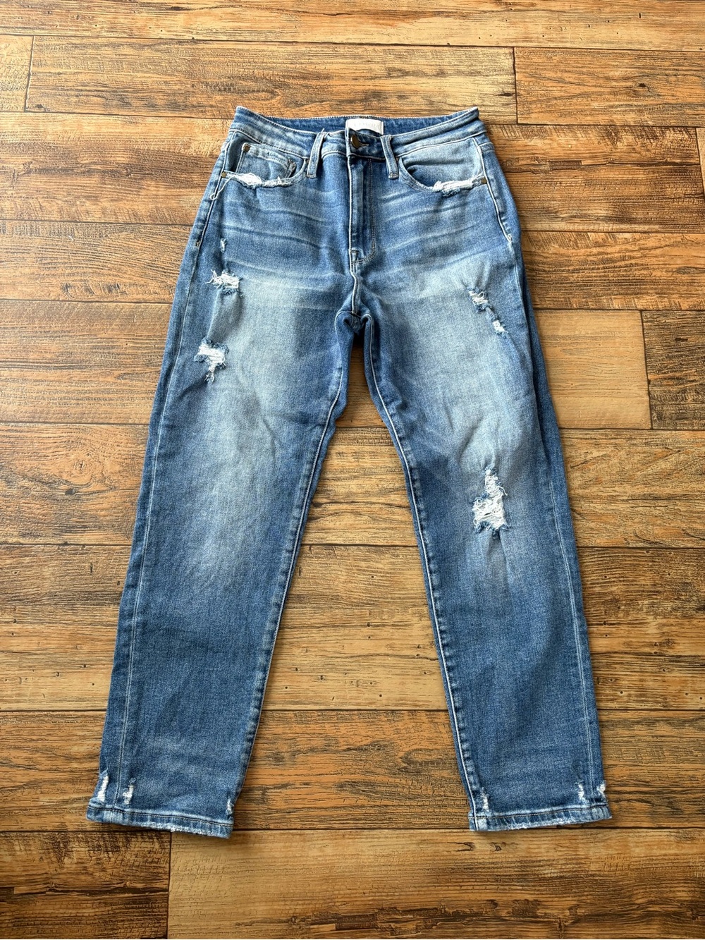 Petra Women's Straight Jeans Blue Medium Wash Distressed Stretch Mid Rise 27/7